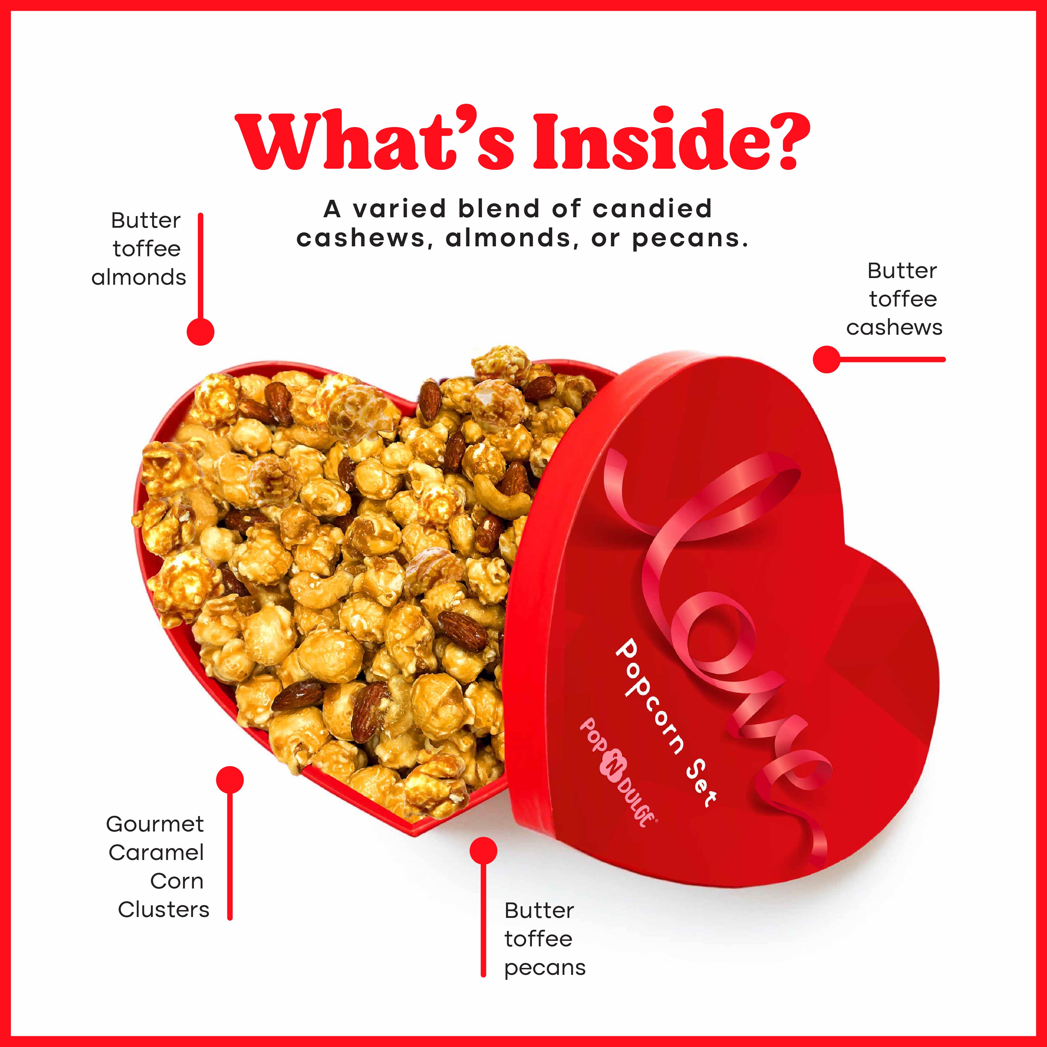 Gourmet Popcorn Caramel and Candied Nuts Heart-Shaped Gift Box
